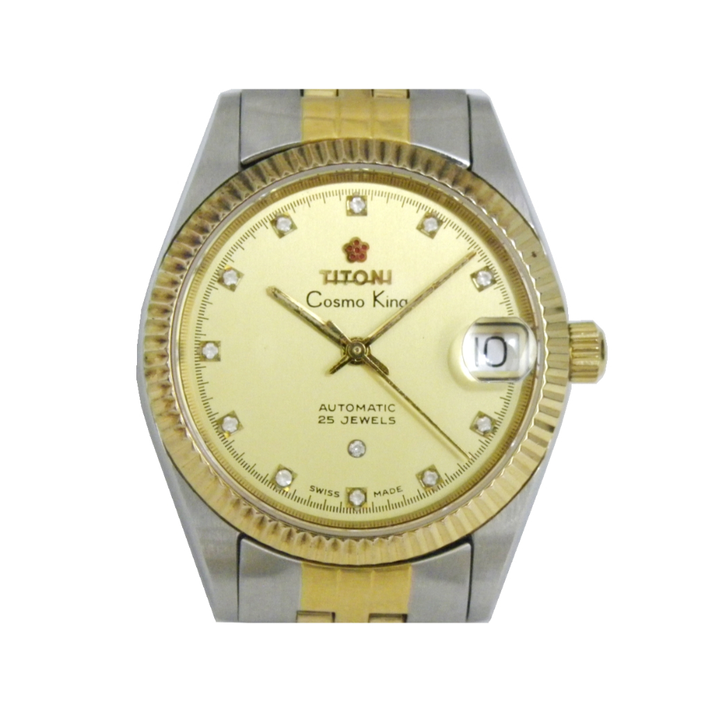 [專業] 機械錶 [TITONI 727] 梅花嘜 BOYSIZE蠔式半金錶[25石][黃金面+日期]時尚錶