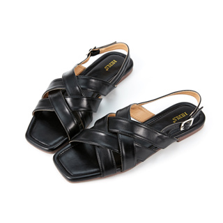 現貨 HERLS涼鞋 編織鏤空造型方頭平底涼鞋 黑色