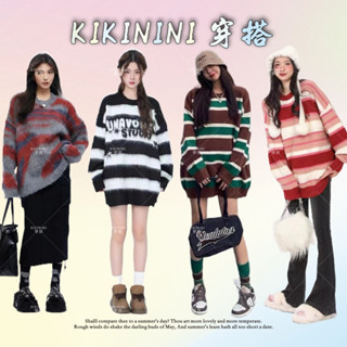 【kikinini】美式復古不規則條紋毛衣 長袖針織毛衣 長袖毛衣 慵懶風 寬鬆顯瘦 針織上衣 針織衫 百搭 休閒 長版