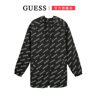 【GUESS】男女同款-撞色亮眼滿版LOGO風衣外套-黑