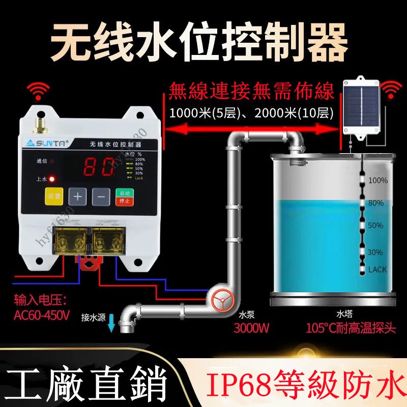 【工廠發貨】台灣110V  IP68等級防水 無線全自動電子水位控制器水泵水箱水塔液位遙控器浮球感應開關馬達抽水太陽能