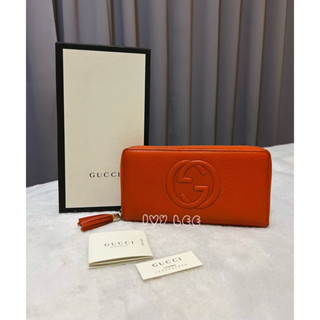 GUCCI 308004 經典雙G LOGO牛皮SOHO 流蘇吊飾拉鍊長夾 橘色 二手精品