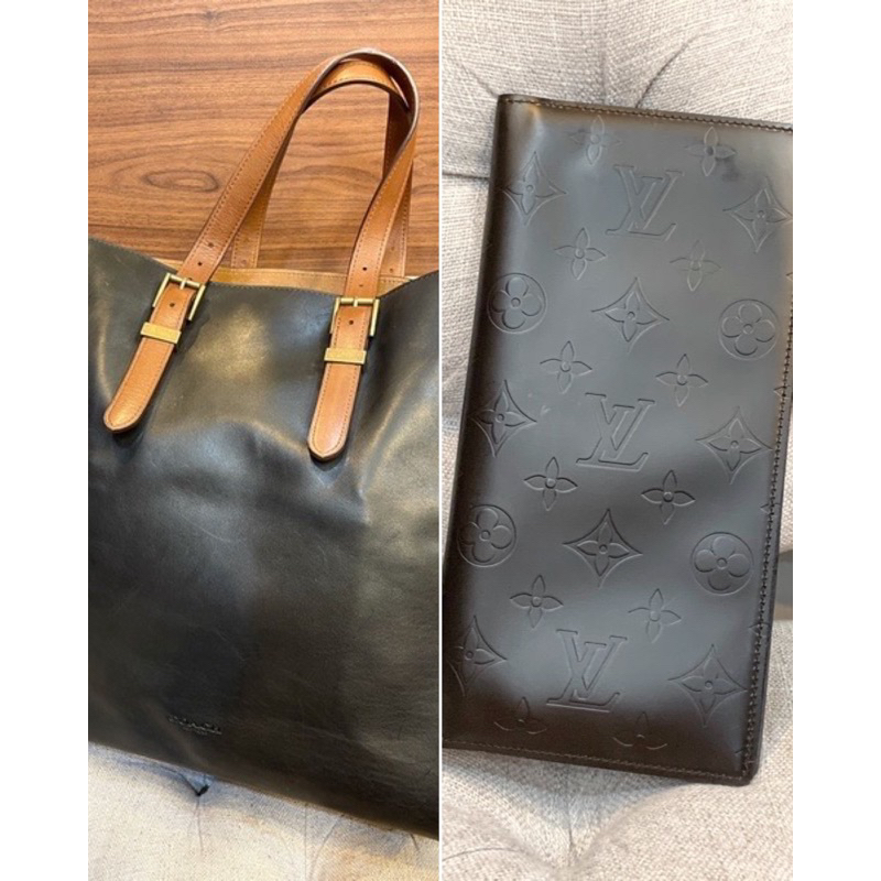 LV 二手真品 全牛皮 壓紋 支票 卡片 長夾 + coach黑色 全皮托特包 合購