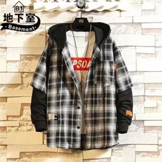 地下室B1-連帽外套 日系拼接假兩件格子長袖襯衫 外套 連帽襯衫 男生衣服 長T 男裝【NL673034】