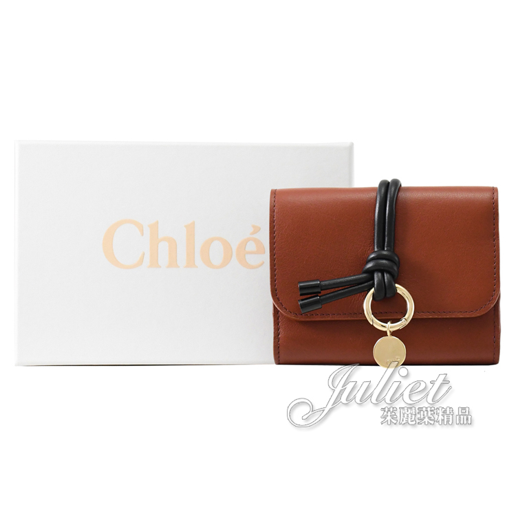 【茱麗葉精品】CHLOE ALPHABET 撞色綁結設計小牛皮三折零錢短夾.紅棕 現貨在台