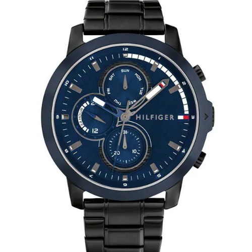 【Tommy Hilfiger】1792049 運動風格 日期星期顯示 鋼錶帶 三眼男錶 藍/黑 46mm