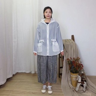 花木馬日系女裝前短後長半透紗網綁帶收腰寬鬆連帽外套