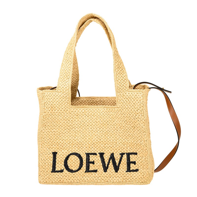 Loewe 鉤針效果酒椰纖維中型托特包 付長肩帶 原色/棕褐色