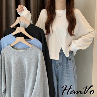【HanVo】簡約質感開岔設計感長袖上衣 春秋薄款親膚百搭寬鬆 韓系女裝 女生衣著 A02-1964