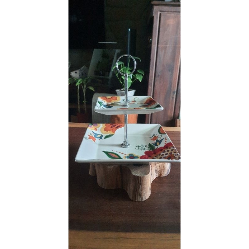 綻放花園彩繪陶瓷雙層下午茶點心盤 蛋糕架 水果盤