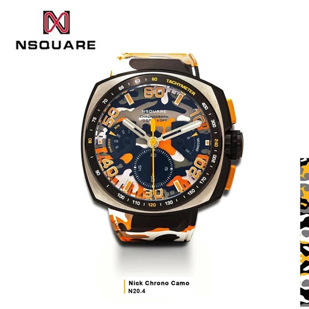 【WANgT】NSQUARE NICK CHRONO CAMO迷彩系列 活力 橙橘橡膠運動風腕錶 G0369-N20.4