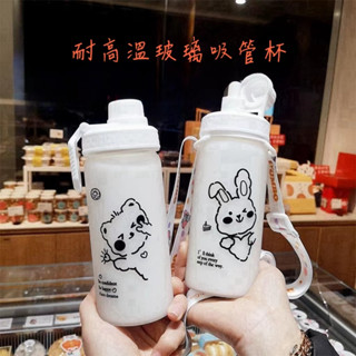 磨砂水壺玻璃吸管杯 吸管玻璃水壺 水瓶 韓國ins可愛卡通玻璃杯 有吸管的水壺隨身杯子可愛的水壺