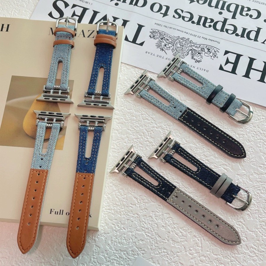 镂空高級感小衆牛仔拼皮質手錶帶 適用apple watch全系列錶帶 iwatch34567蘋果s9 Se Ultra