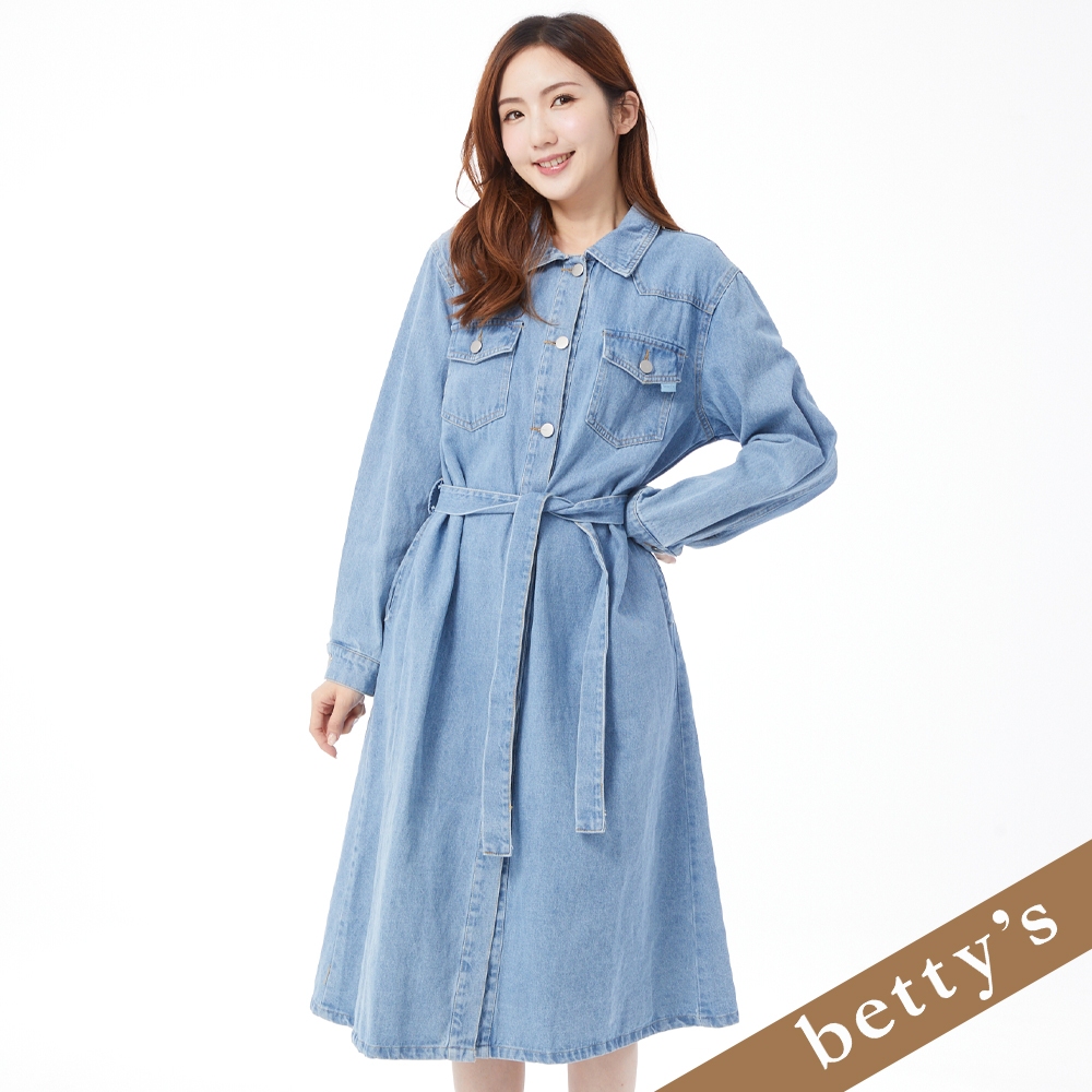 betty’s貝蒂思(25)直筒牛仔腰帶長袖洋裝(淺藍色)