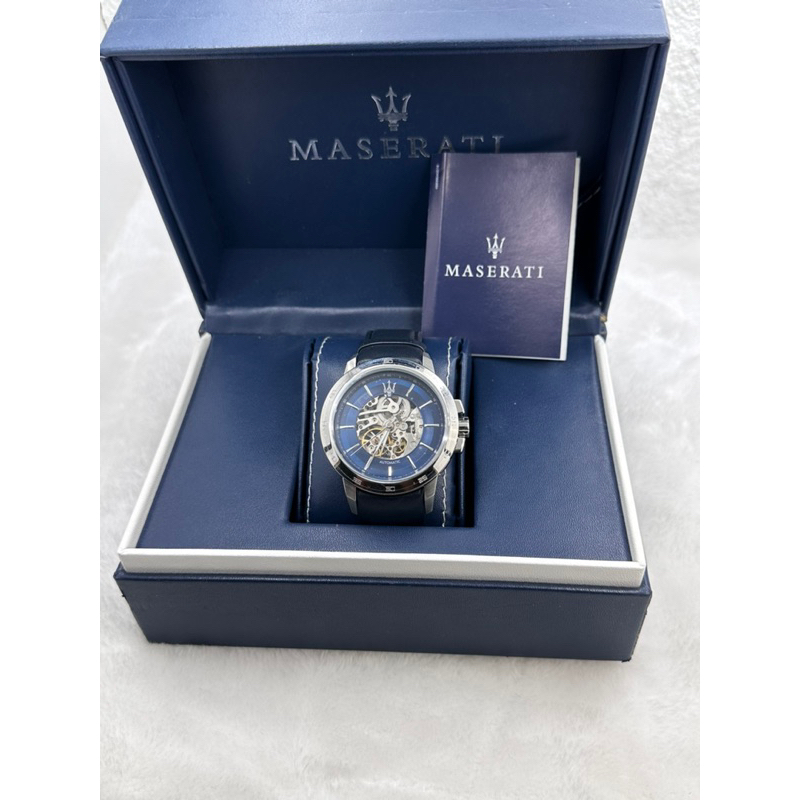 瑪莎拉蒂 銀框藍面鏤空機械錶