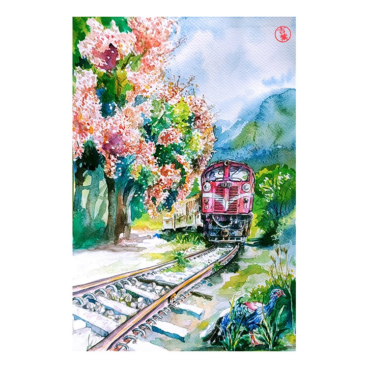 v23風景 阿里山火車台灣欒樹 Alishan Forest Railway in Taiwan  葉子畫室