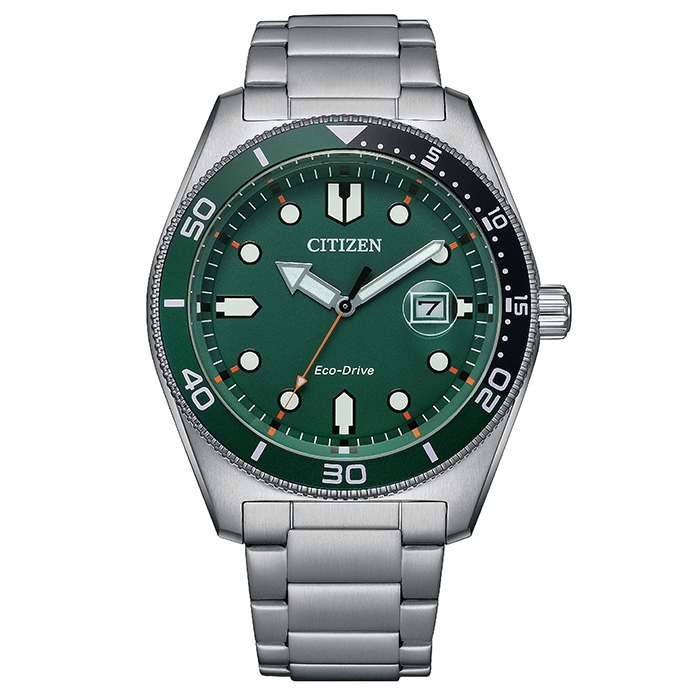 【CITIZEN】星辰 Eco-Drive光動能 AW1768-80X 日期顯示 鋼錶帶男錶 綠/銀 43mm