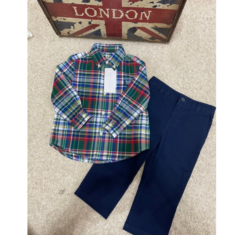 美國🇺🇸POLO Ralph Lauren 男嬰款 棉質格紋襯衫18M +經典藍百搭長褲18M 兩件組