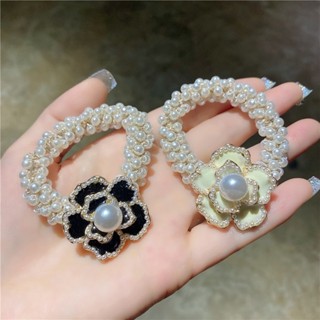 【NiNi Me】韓系髮飾 小香風山茶花珍珠髮圈 綁頭髮頭繩花朵髮圈 髮圈 H9470