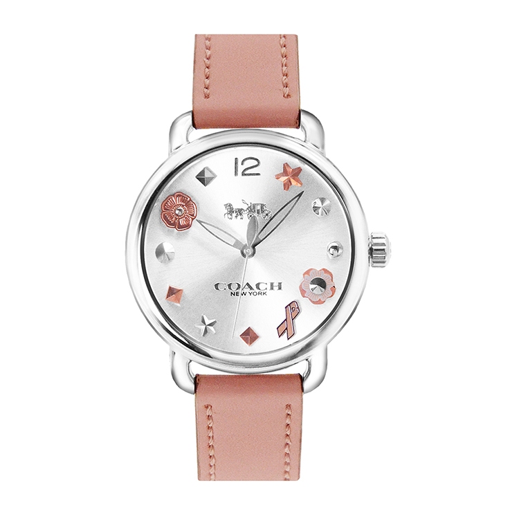 COACH Delancey系列 銀框 銀面 粉色皮革錶帶 立體時標 女錶 手錶-14502799