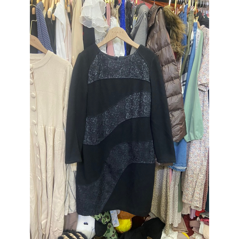 Jetezo 裘堤婼 球提諾 設計師品牌精品 黑色 蕾絲拼接設計羊毛洋裝