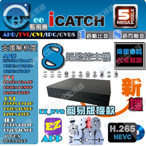 可取 8路 簡易版 H.265 1音 主機 監視器 5MP iCATCH 系統 APP遠端監控 2倍壓縮格【ee監控網】