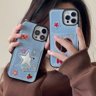韓國牛仔布刺繡愛心星星鏡面手機殼適用 iPhone15 14 11 12 13 Pro Max i12 15Pro保護殼
