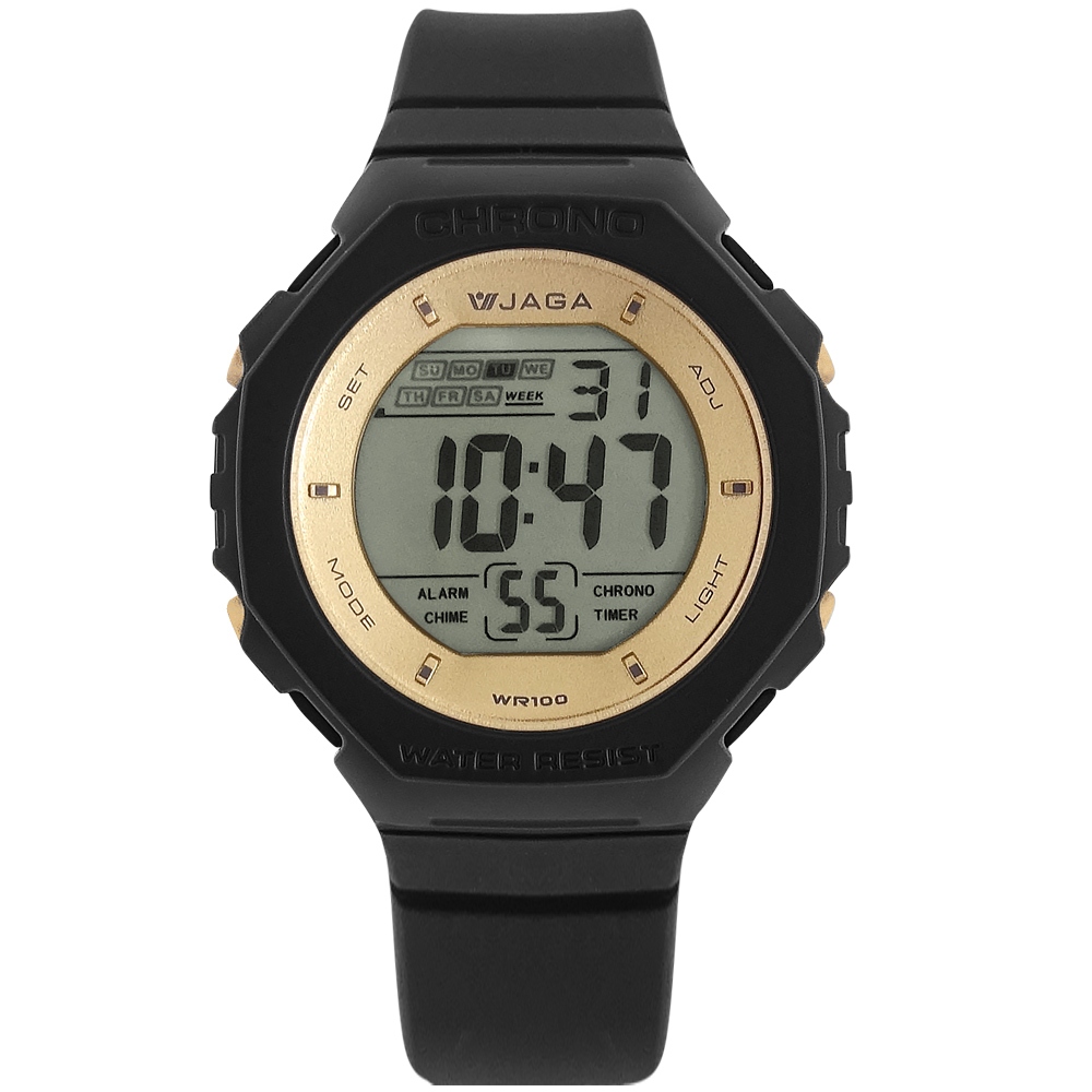 JAGA 捷卡 / 八角型 電子運動 計時碼錶 鬧鈴 防水100米 橡膠手錶 黑金色 / M1235-A / 46mm