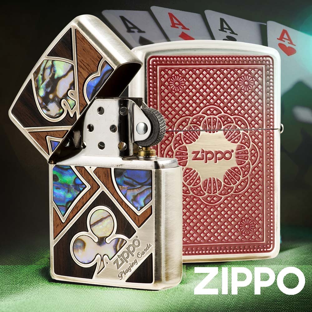 ZIPPO Zippo撲克牌-紅底(加厚版) ZA-2-109A 仿古 銀色髮絲紋 木材 貝殼鑲崁 紅色牌 終身保固