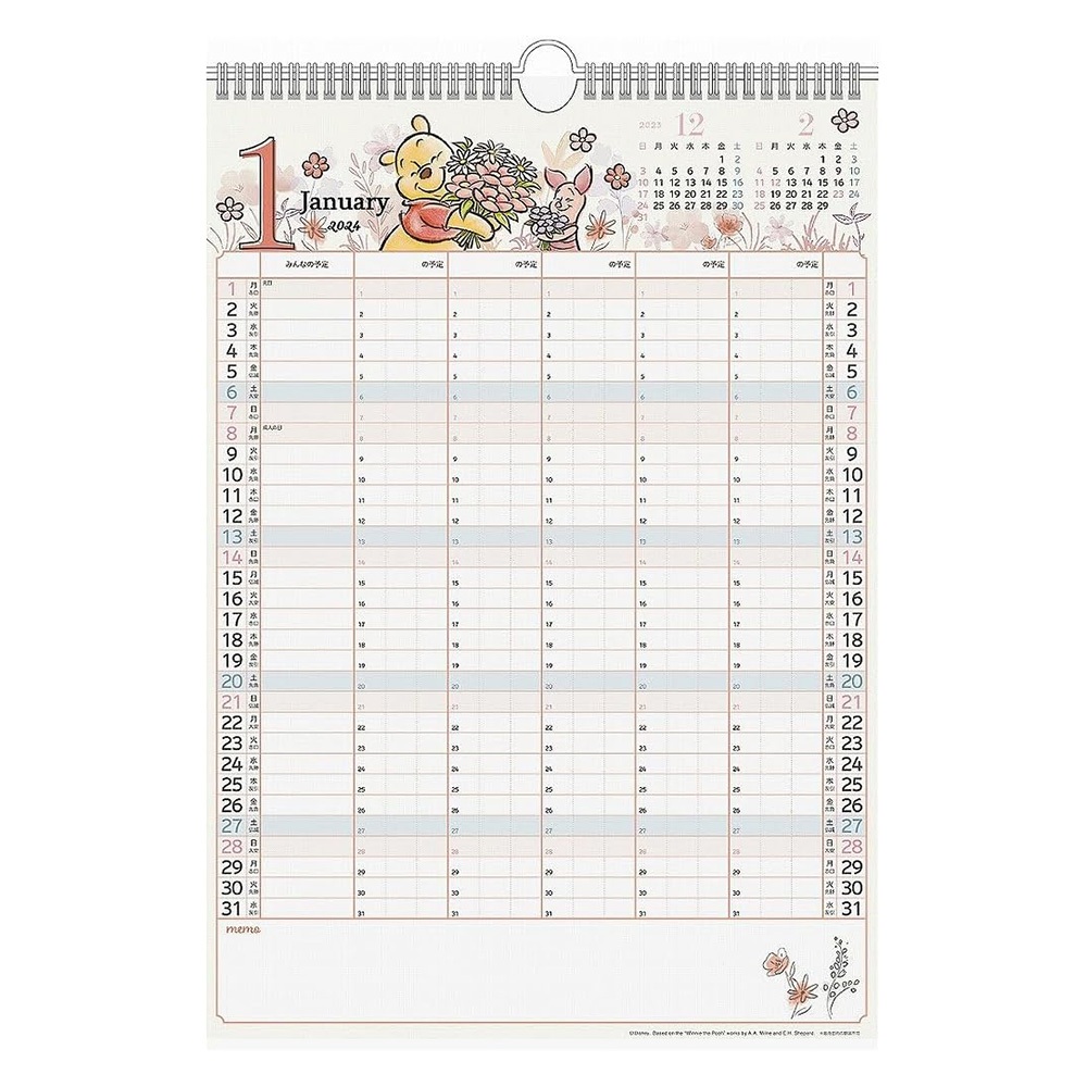 日本A.P.J 2024 線圈家庭掛曆 S 壁曆 月曆 Disney 小熊維尼 花漾 UA11502
