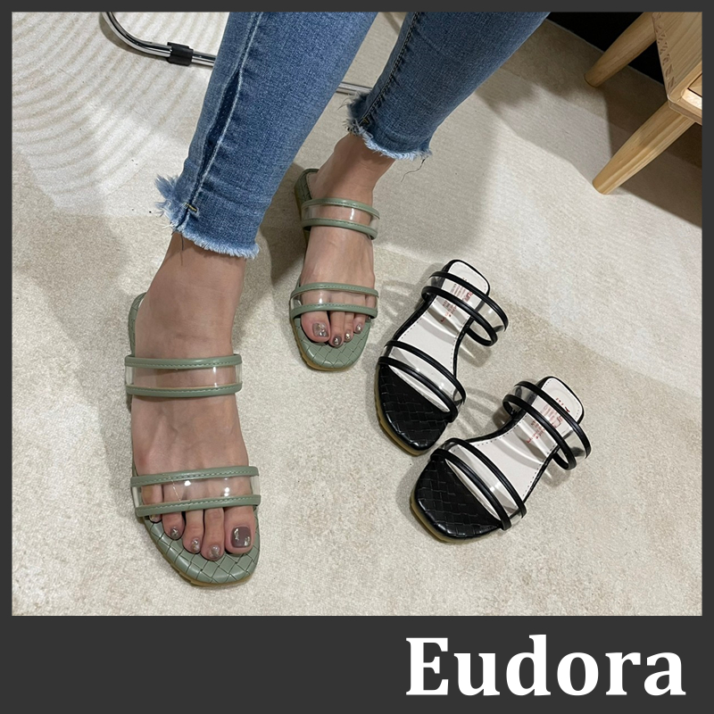 【Eudora】MIT台灣製 透明楔型拖鞋 一字拖鞋 低跟拖鞋 方頭皮革透明一字 低跟坡跟楔型 拖鞋 涼拖鞋