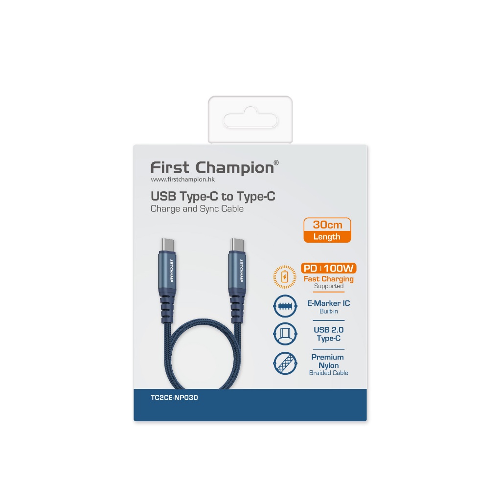 First Champion 100W USB-C 至 USB-C 30cm PD 快速充電數據線