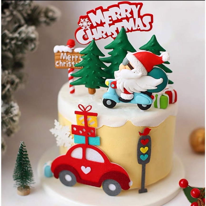 🌸五日工坊🌸 聖誕節限定！🎅 聖誕蛋糕擺件-摩托車聖誕老公公 🎄小汽車蛋糕  交通工具/紅綠燈/禮物盒diy裝飾 不織布