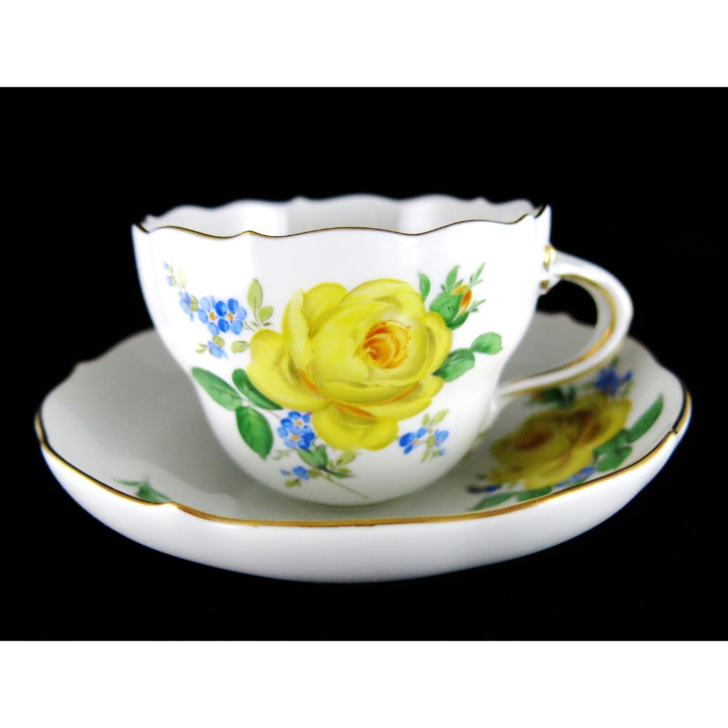 德國麥森Meissen 手繪Blumen系列黃玫瑰咖啡杯盤組-A