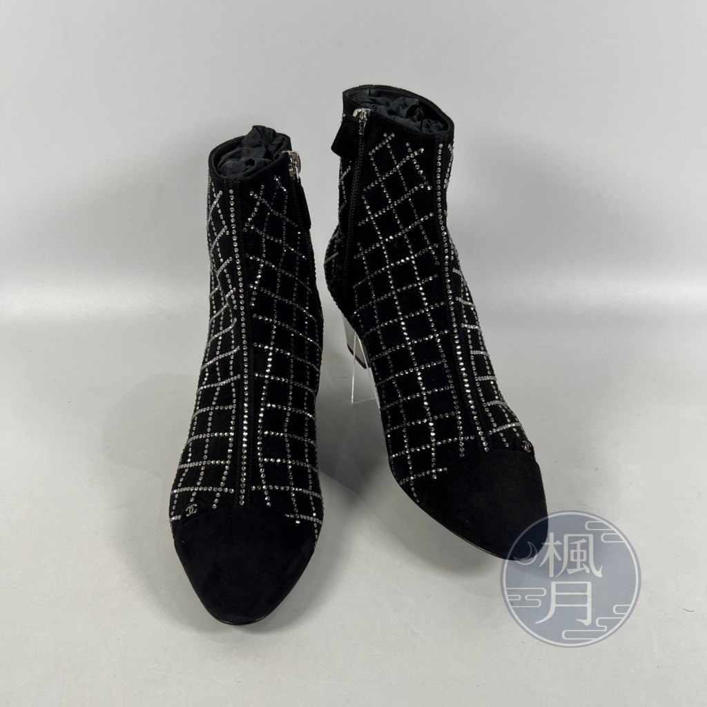 BRAND楓月 CHANEL G34452 黑麂皮水鑽短靴 #37.5 香奈兒 靴子 跟鞋 踝靴 精品鞋履