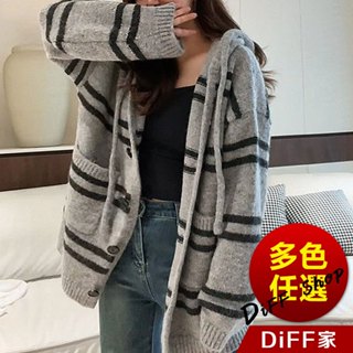 【diff】韓版復古慵懶風寬鬆條紋連帽外套 針織外套 上衣 女裝 衣服 外套 長袖上衣 毛衣 針織上衣【j311】