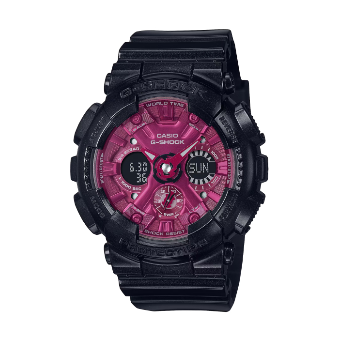 【CASIO G-SHOCK】古典光澤金屬質感雙顯時尚腕錶-酒紅色/GMA-S120RB-1A/台灣總代理公司貨享一年保
