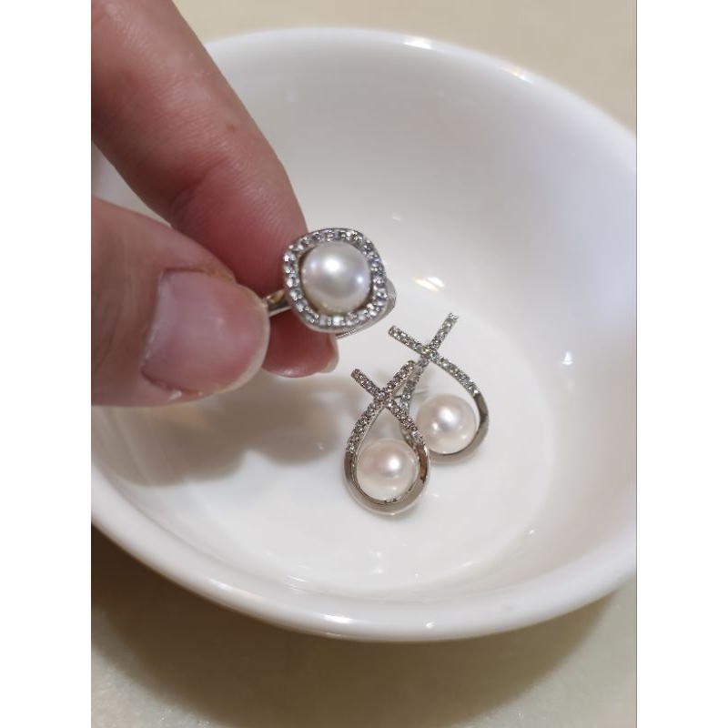 ✨獨一無二✨天然淡水強光珍珠，銀鑲耳釘戒指禮盒