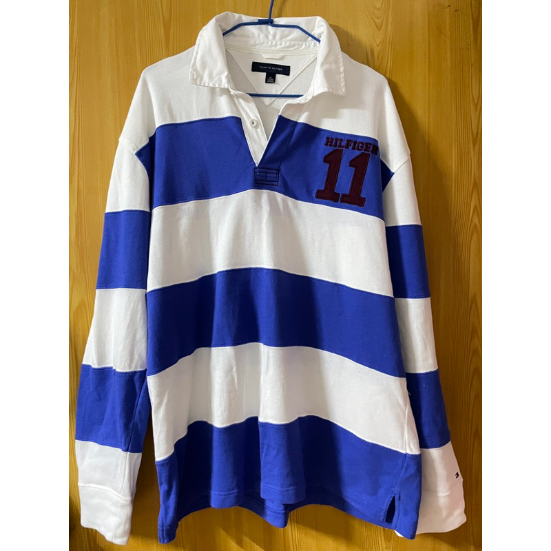 Tommy Hilfiger藍白橫條紋 經典長袖POLO衫 XL(TG/XG)