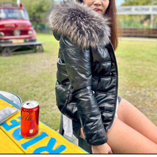 正韓～雲朵。爆炸狐狸毛領真羊皮羽絨皮衣外套