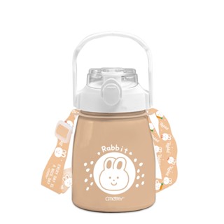 OMORY 不鏽鋼萌兔大肚吸管保溫瓶-800ml 揹帶水壺(限定款)