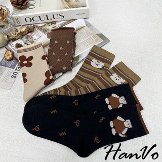 【HanVo】日系咖啡色系貓咪中筒襪 透氣親膚柔軟百搭 文青休閒襪 女生配件 A12-6288