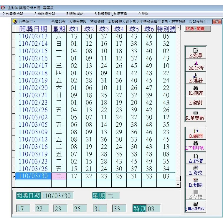 台灣彩卷(大樂透、威力彩) 六合彩 天天樂 分析統計軟體 免費試用 討論群組