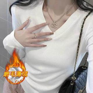 衣時尚 長袖T卹 上衣 毛線衣 發熱衣 S-2XL 新款磨毛絨修身V領純欲內搭上衣設計感小眾保暖打底T149-6143.