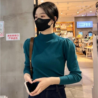 愛依依 半高領打底衫 毛衣 針織上衣 內搭衫 新款修身洋氣內搭泡泡袖上衣針織打底衫TBF15-7815.