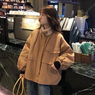 FUXI 韓版寬鬆工裝外套女 復古立領加絨加厚保暖外套 長袖棉服外套 百搭女生外套 女裝 衣服