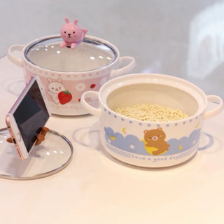 彩虹🌈現貨 韓式可愛卡通陶瓷泡麵碗 帶動物手機架 多美然韓式學生宿舍家用麵碗帶蓋卡拉兔 拉拉熊湯碗泡麵碗陶瓷碗
