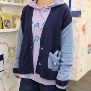 a la sha【全新、深藍S】垂耳兔拼接袖針織🧶外套