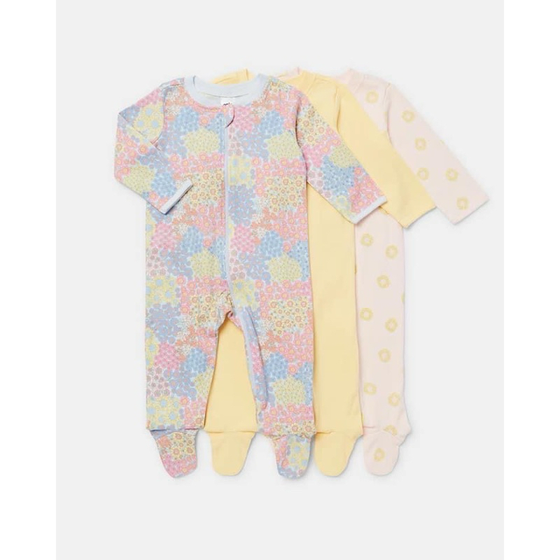 Ankobaby長袖包腳拉鍊連身衣三件組 黃彩花 尺寸3-6m 寶寶衣服 嬰兒衣服 嬰兒長袖 包腳衣 包屁衣 寶寶衣物