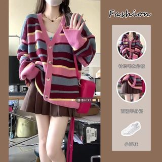 佰分佰/100kg內可穿/大尺碼女裝/秋冬套裝/針織套裝/條紋/V領毛衣/學院風/寬松/拼色上衣/百褶裙/兩件套/女裝